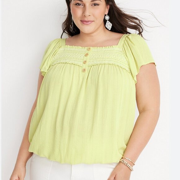Maurices Tops - Maurices Top Women 2X Light Green Smocked Ruffle Split Neck Flutter Sleeve Boho